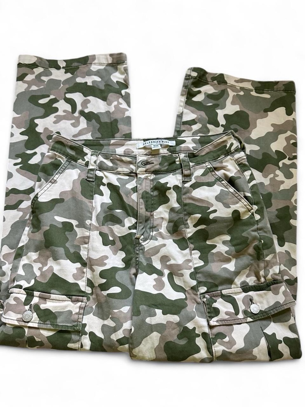 Celebrity Pink Green Camo Boot Flare Cargo Pants